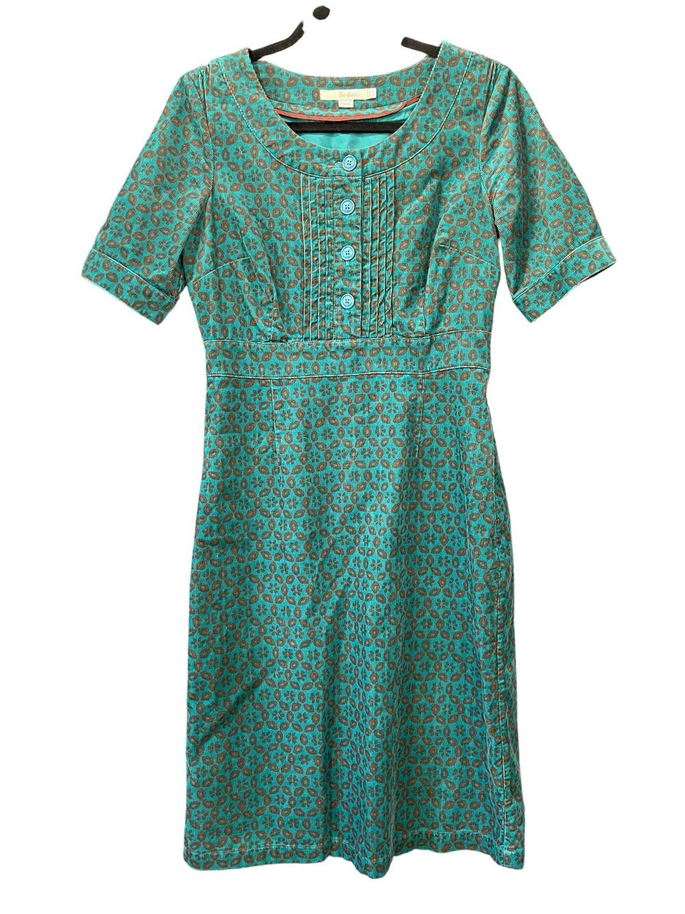 Boden Teal Leopard Corduroy Shift Dress US 4L Side Zip Short Sleeve